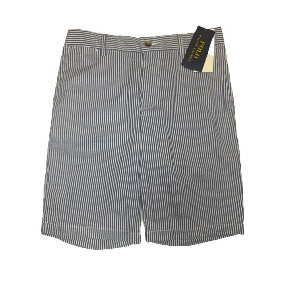 Polo Ralph Lauren Boys Shorts 12 Blue White Stripe NWT Flat Front